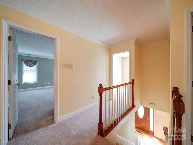 hallway featuring ornamental molding, light colored carpet, and a textured ceiling