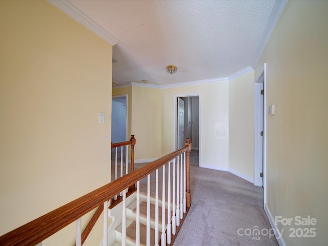 corridor with ornamental molding, carpet flooring, and a textured ceiling