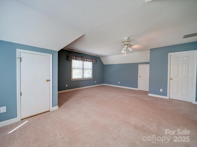 additional living space featuring lofted ceiling, light carpet, and a textured ceiling