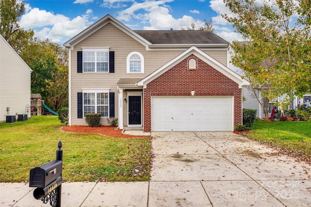 view of property featuring cooling unit, a garage, a playground, and a front lawn