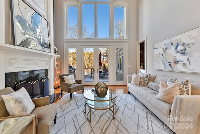 living room with a healthy amount of sunlight, a fireplace, wood-type flooring, and french doors