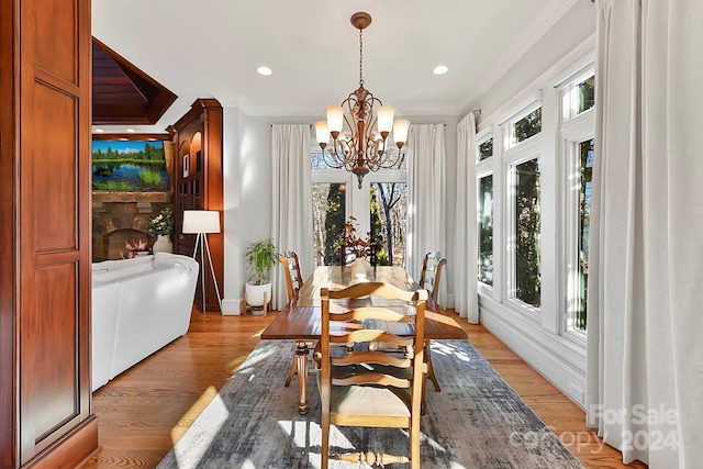 dining area with an inviting chandelier, light hardwood / wood-style flooring, and plenty of natural light