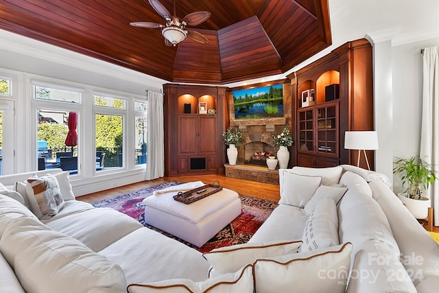 living room featuring hardwood / wood-style floors, ceiling fan, wooden ceiling, and a fireplace