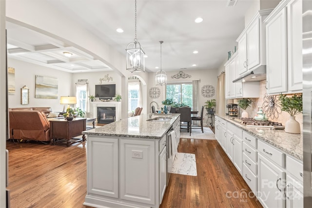 kitchen featuring dark wood-type flooring, decorative light fixtures, sink, an island with sink, and white cabinetry