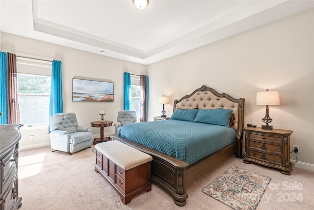 carpeted bedroom featuring ornamental molding, a tray ceiling, and multiple windows