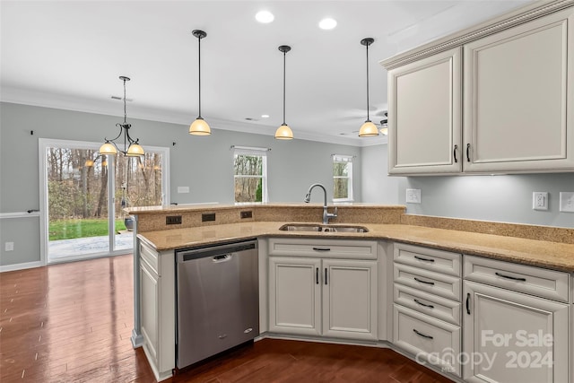 kitchen with dishwasher, sink, decorative light fixtures, light stone counters, and kitchen peninsula