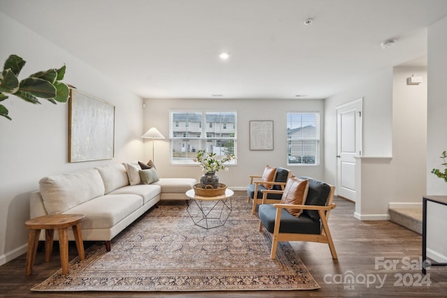 living room with dark hardwood / wood-style floors