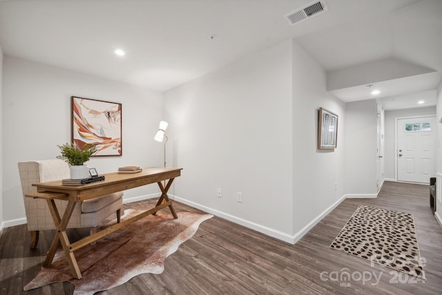 office with dark hardwood / wood-style floors