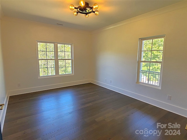 spare room featuring an inviting chandelier, crown molding, dark wood-type flooring, and plenty of natural light