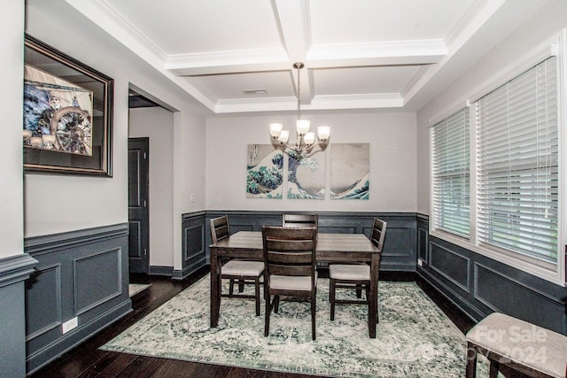 dining area with beamed ceiling, ornamental molding, a chandelier, dark wood-type flooring, and coffered ceiling