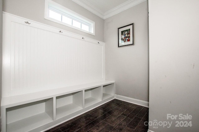 mudroom with hardwood / wood-style flooring and ornamental molding