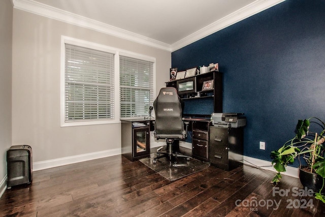 office area featuring crown molding and dark wood-type flooring