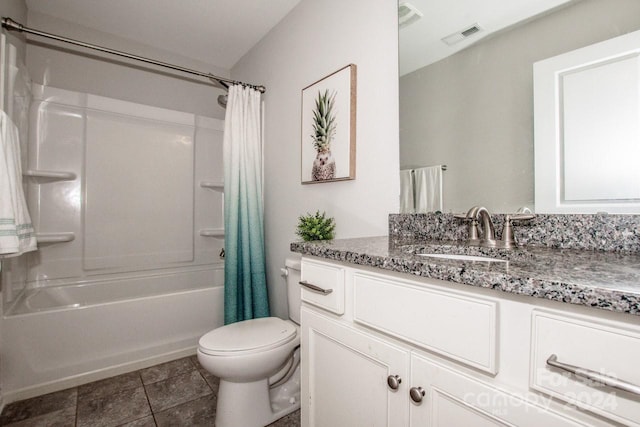 full bathroom featuring shower / bath combination with curtain, tile patterned floors, vanity, and toilet