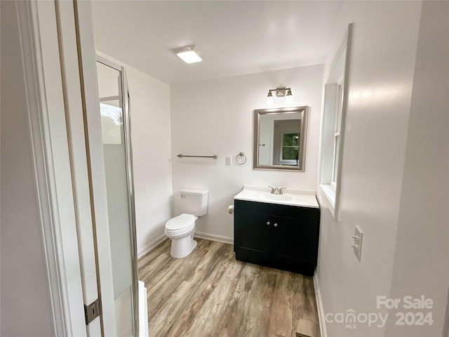 bathroom with wood-type flooring, vanity, and toilet