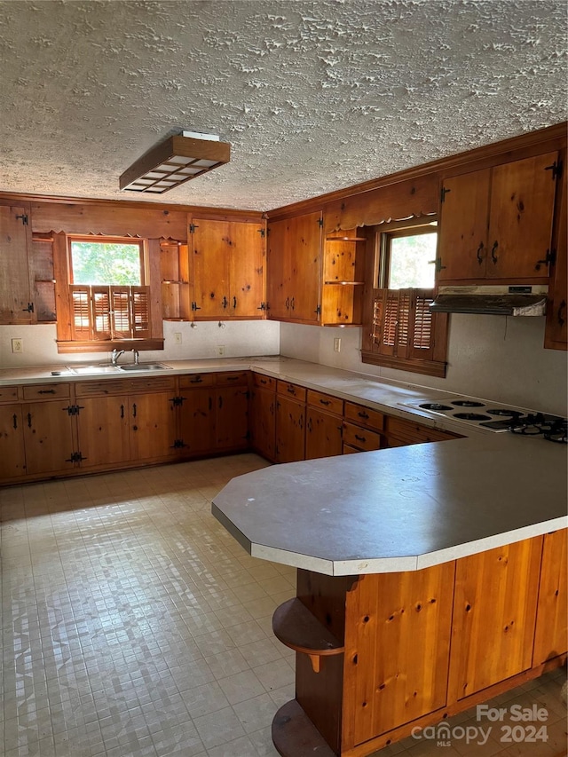 kitchen with white gas stovetop and kitchen peninsula