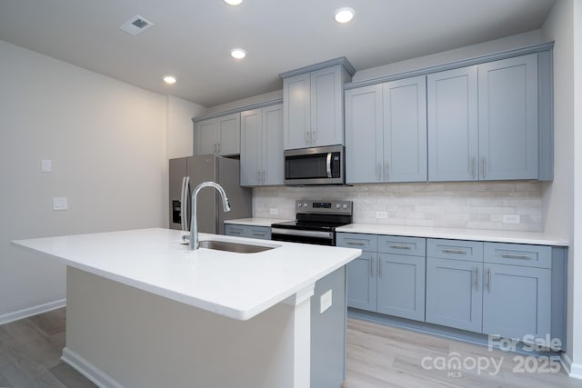 kitchen featuring sink, an island with sink, stainless steel appliances, light hardwood / wood-style floors, and decorative backsplash