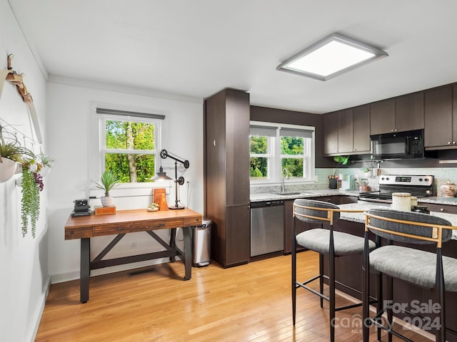 kitchen with light hardwood / wood-style floors, dark brown cabinetry, stainless steel appliances, and a healthy amount of sunlight