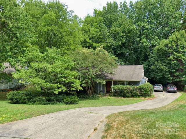 view of property hidden behind natural elements with concrete driveway and a front yard