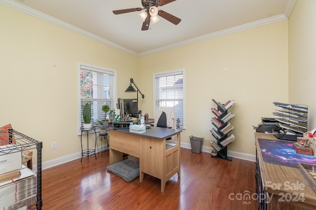 home office featuring crown molding and dark wood-type flooring