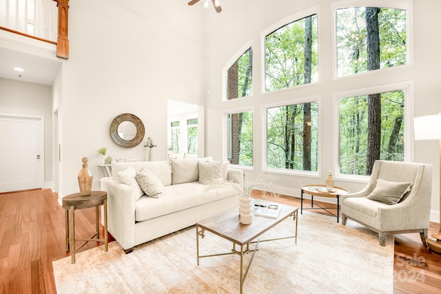 living room with a towering ceiling, light hardwood / wood-style floors, and a healthy amount of sunlight