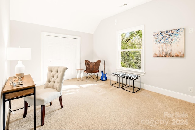 living area with lofted ceiling and carpet flooring