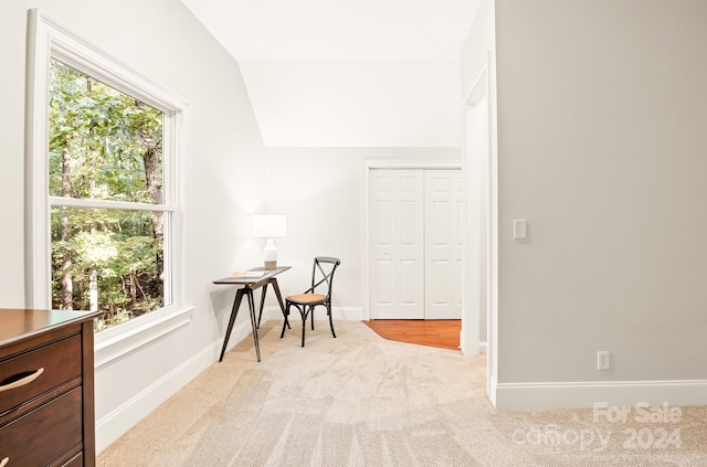 living area with light carpet and lofted ceiling