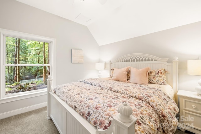 bedroom with lofted ceiling and light colored carpet