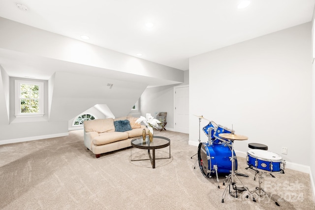 living room featuring light colored carpet