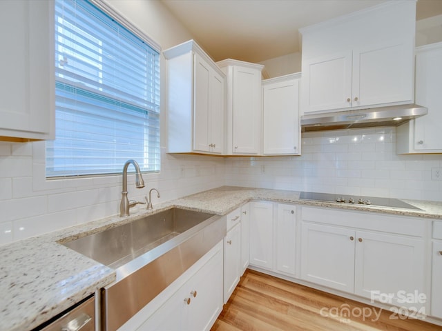 kitchen featuring a wealth of natural light, white cabinets, light wood-type flooring, and black electric cooktop