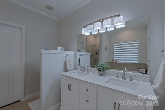 10604 Russet Pl, Charlotte, NC 28227 - bathroom with tiled shower, crown molding, double vanity, tile patterned floors, and a tub