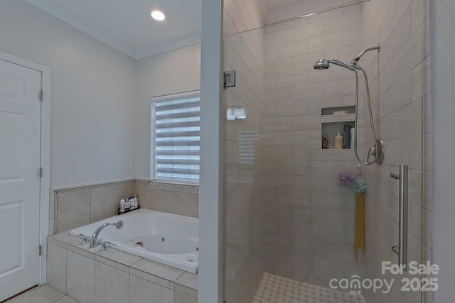 10604 Russet Pl, Charlotte, NC 28227 - full bath with a shower stall, a tub with jets, and ornamental molding