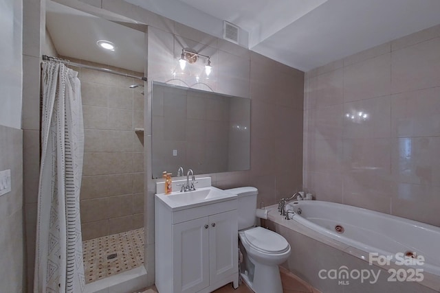 10604 Russet Pl, Charlotte, NC 28227 - bathroom featuring tile walls, a tile shower, a bath, and vanity