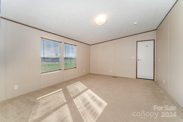 unfurnished room featuring a textured ceiling, lofted ceiling, and light colored carpet