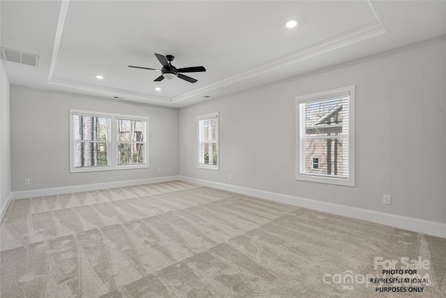 unfurnished room with light colored carpet, a raised ceiling, and a wealth of natural light