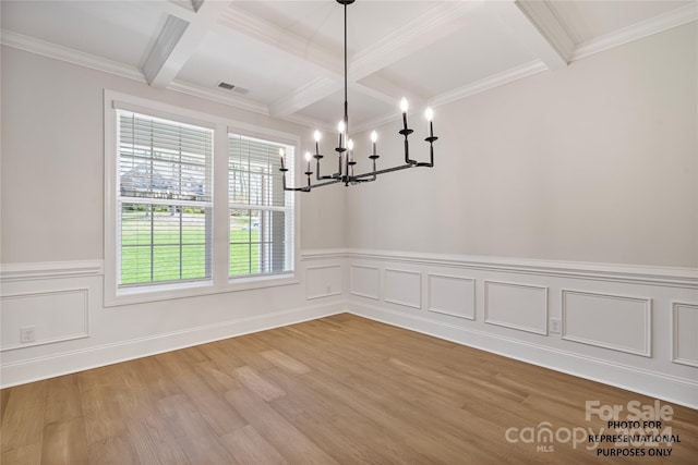 unfurnished dining area featuring wainscoting, visible vents, beam ceiling, coffered ceiling, and light wood finished floors