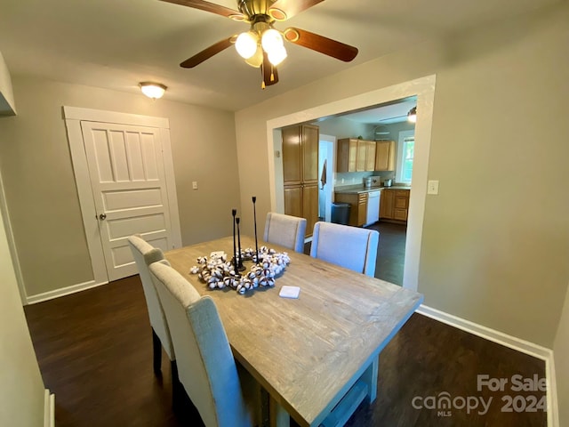 dining area with dark wood-type flooring and ceiling fan