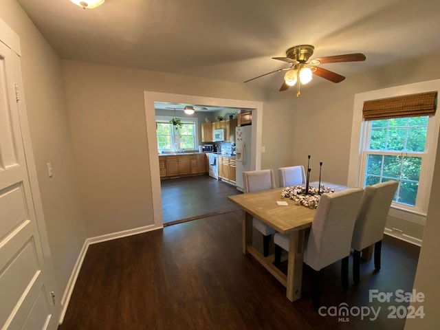 dining area with dark hardwood / wood-style floors and ceiling fan