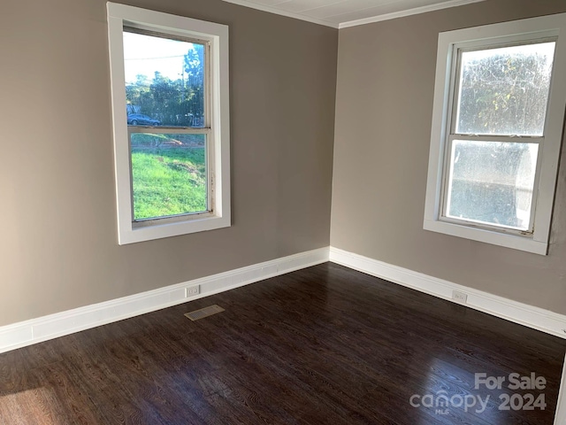 unfurnished room with crown molding, dark wood-type flooring, and a healthy amount of sunlight