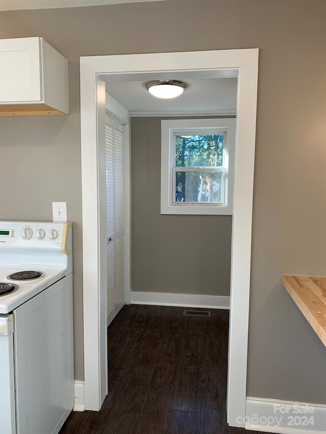 kitchen featuring white cabinetry, dark hardwood / wood-style floors, and electric range