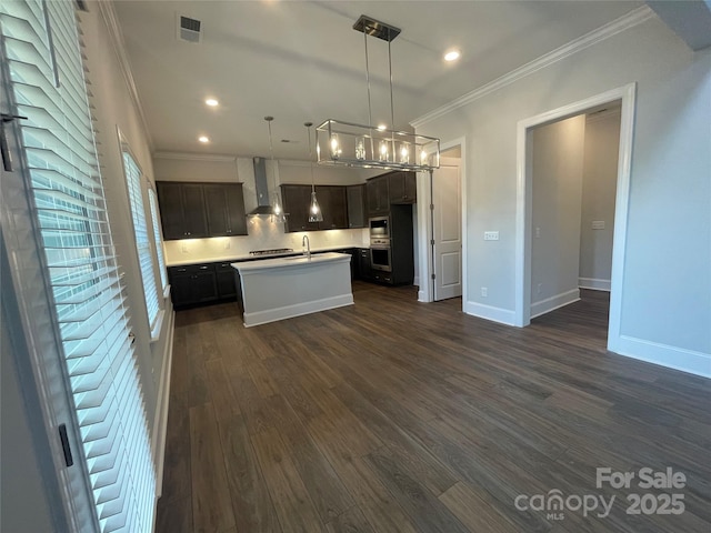9411 Stonebridge Way Unit 49, Mint Hill, NC 28227 - kitchen with wall chimney exhaust hood, ornamental molding, a sink, dark wood-style flooring, and light countertops