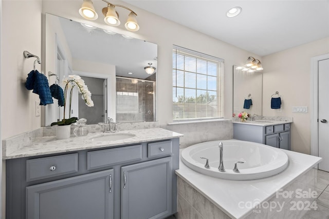 bathroom featuring vanity and separate shower and tub