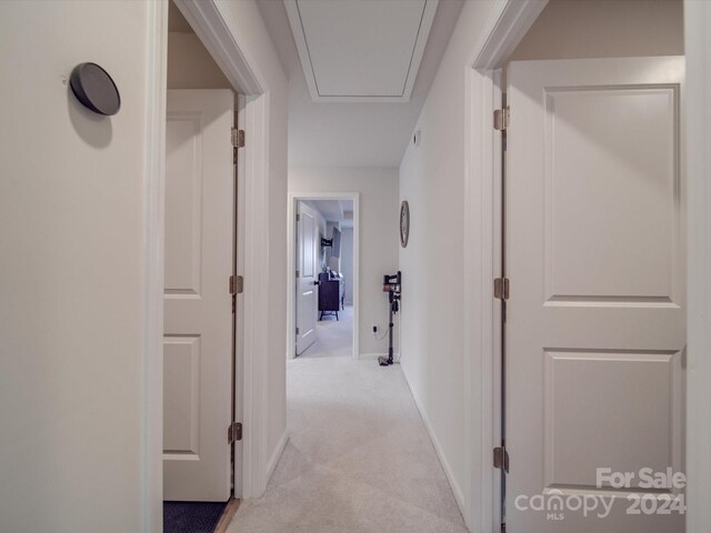 hallway featuring light carpet