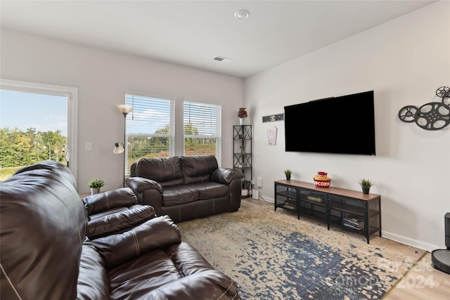 living room with plenty of natural light and hardwood / wood-style floors