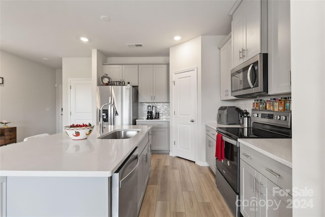 kitchen featuring an island with sink, light wood-type flooring, sink, appliances with stainless steel finishes, and backsplash