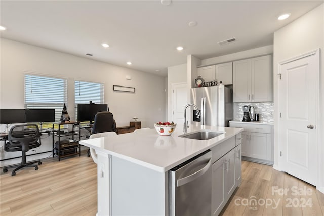 kitchen featuring sink, a center island with sink, backsplash, stainless steel appliances, and light wood-type flooring