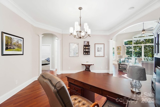 office with hardwood / wood-style flooring, ceiling fan with notable chandelier, and ornamental molding