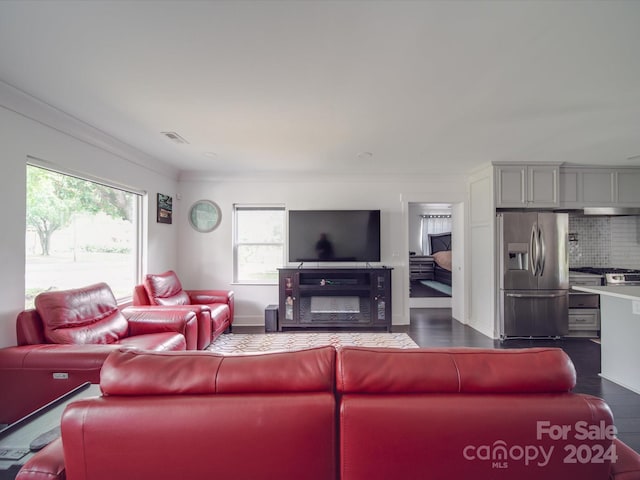 living room with dark hardwood / wood-style floors