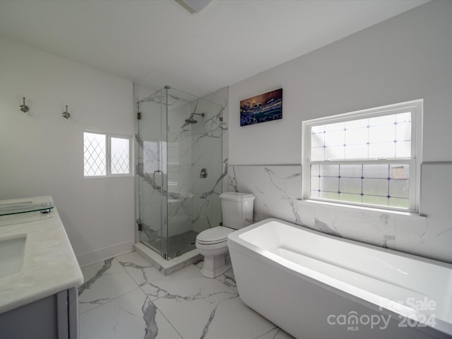 full bathroom with vanity, toilet, and shower with separate bathtub