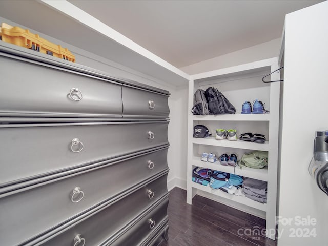 walk in closet with dark wood-type flooring