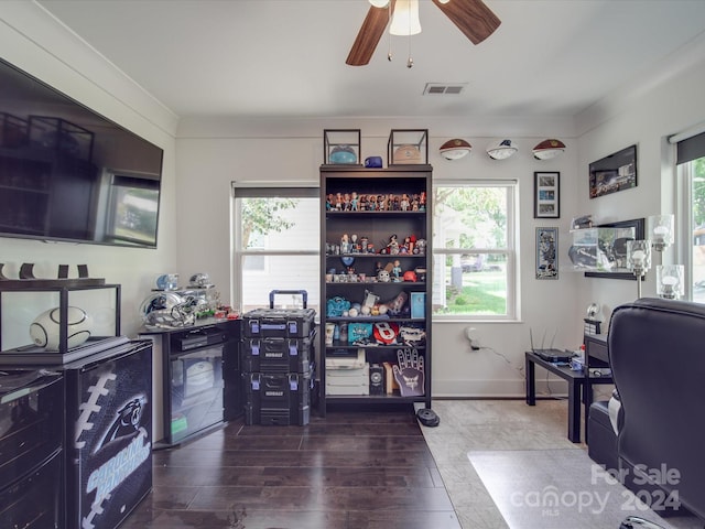 office space with dark wood-type flooring, plenty of natural light, and ceiling fan